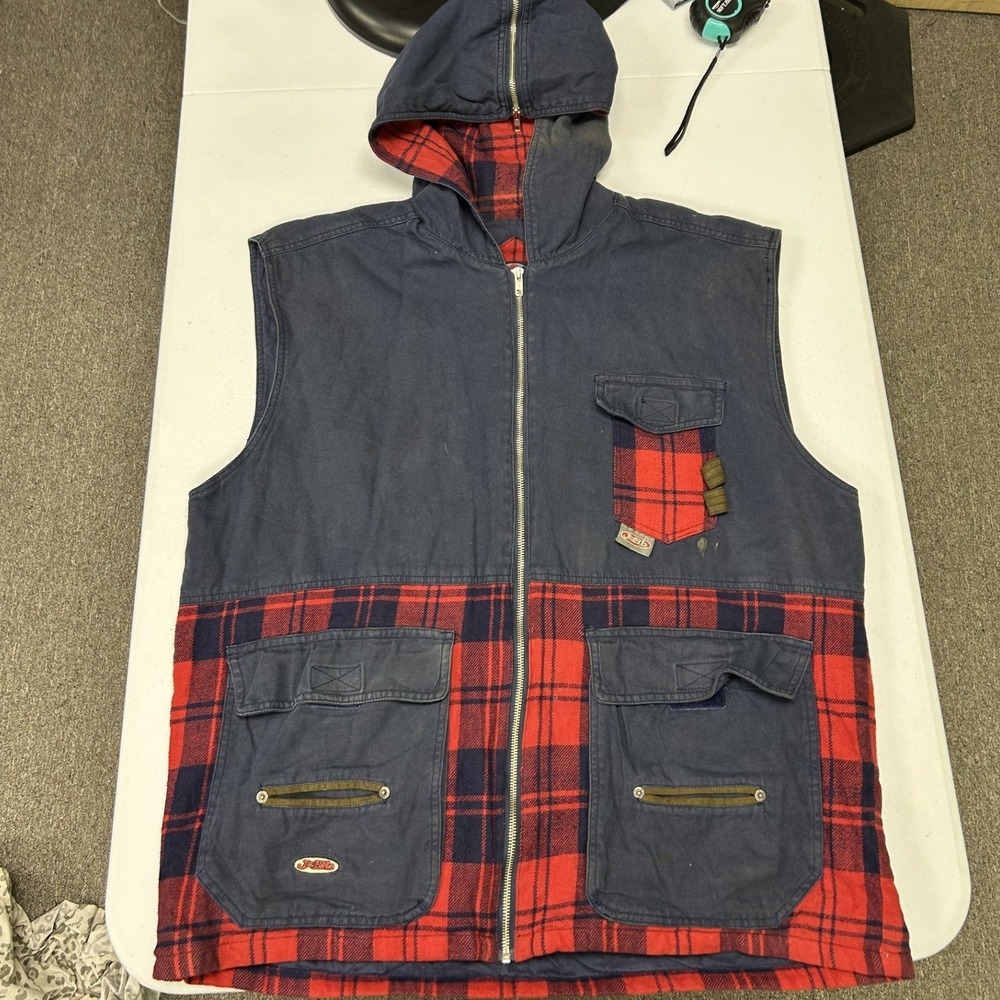 J.B.D. Utility Hooded Vest Mens L Navy Blue Red Plaid Canvas Workwear Flannel